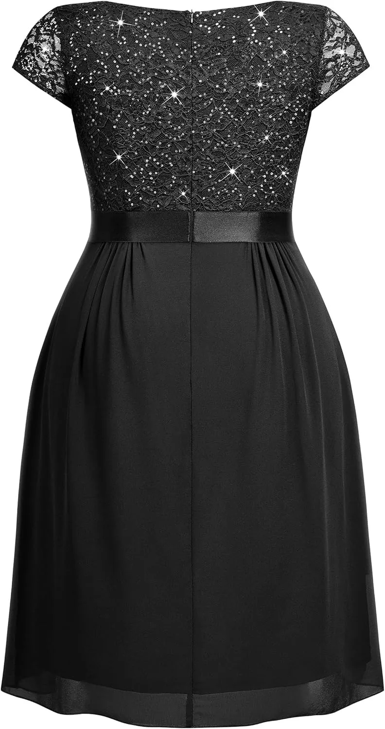 Miusol Women's Plus Size Sequin Lace V Neck Ruffle Tiered Chiffon Cocktail Party Dress