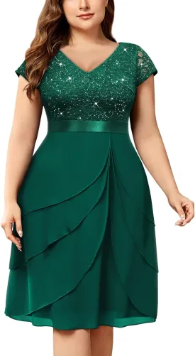 Miusol Women's Plus Size Sequin Lace V Neck Ruffle Tiered Chiffon Cocktail Party Dress