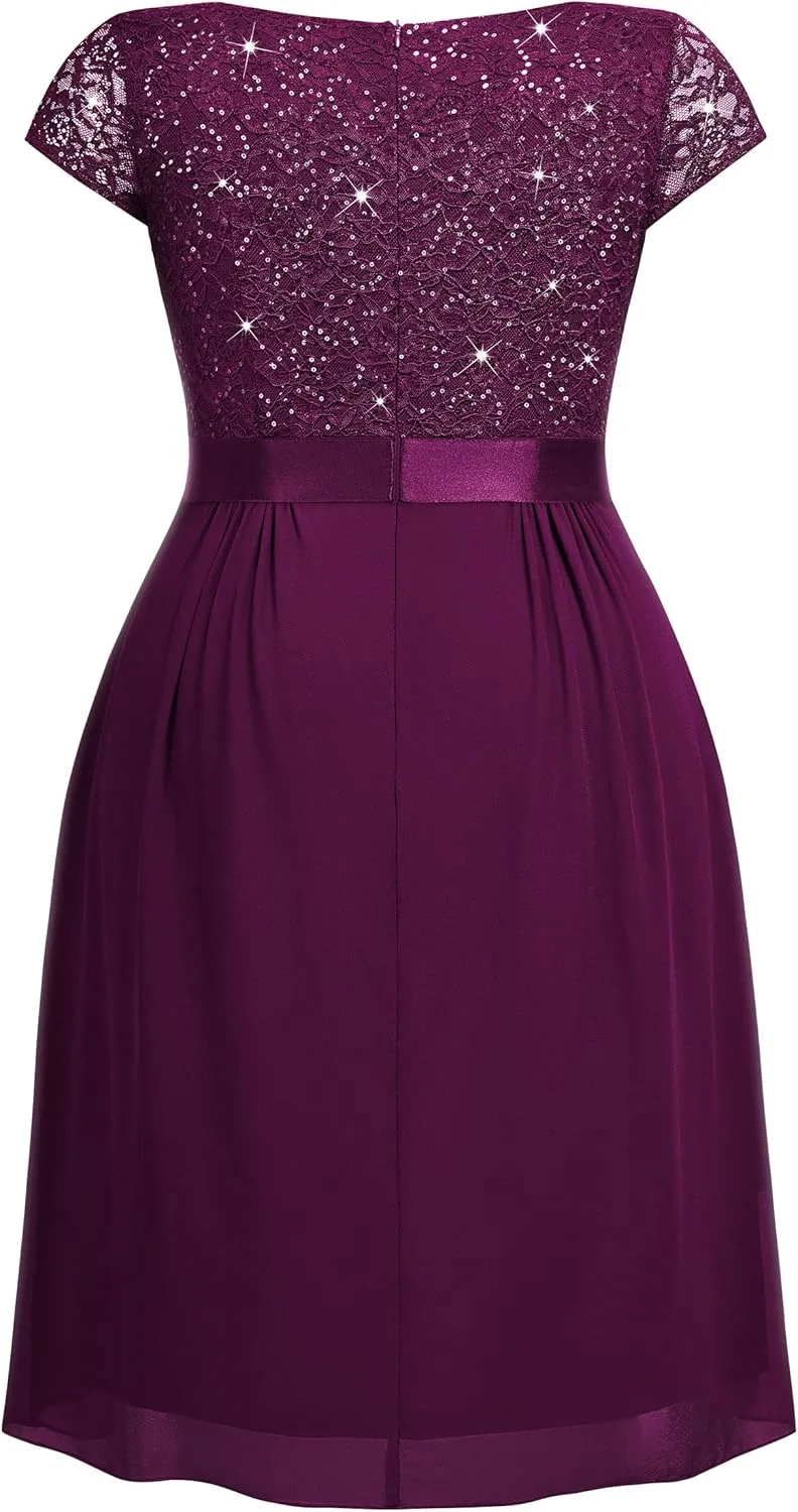 Miusol Women's Plus Size Sequin Lace V Neck Ruffle Tiered Chiffon Cocktail Party Dress