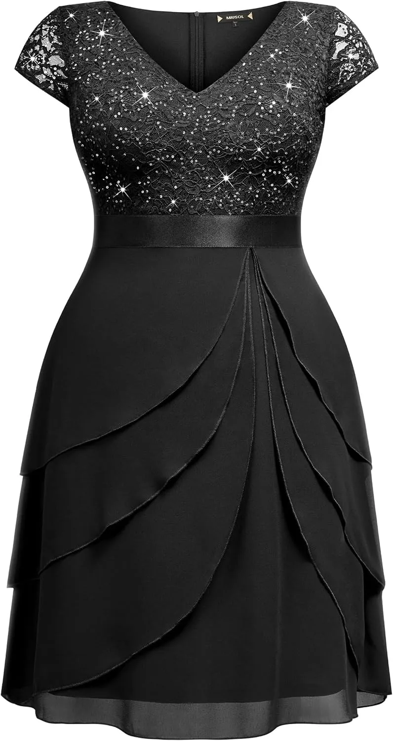 Miusol Women's Plus Size Sequin Lace V Neck Ruffle Tiered Chiffon Cocktail Party Dress