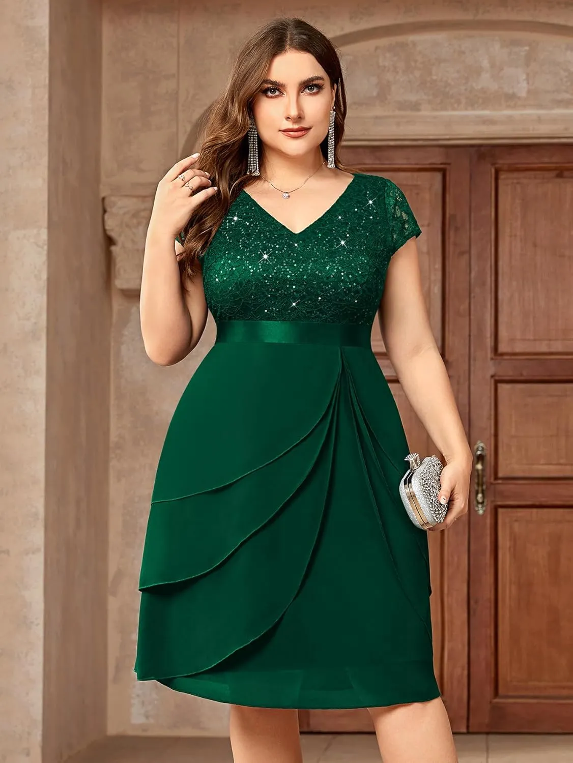 Miusol Women's Plus Size Sequin Lace V Neck Ruffle Tiered Chiffon Cocktail Party Dress