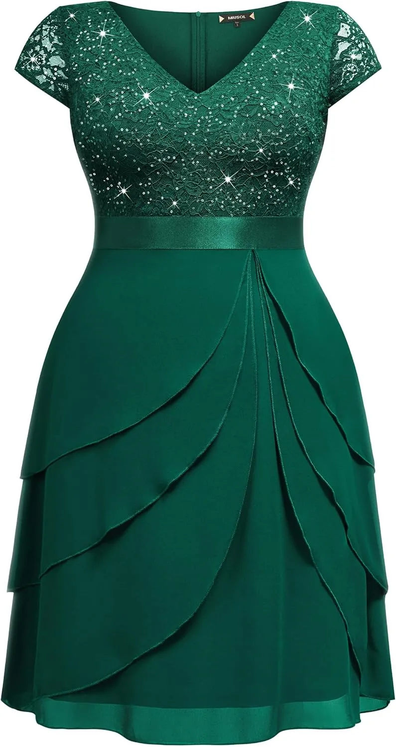 Miusol Women's Plus Size Sequin Lace V Neck Ruffle Tiered Chiffon Cocktail Party Dress