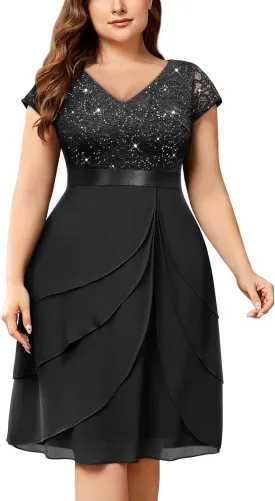 Miusol Women's Plus Size Sequin Lace V Neck Ruffle Tiered Chiffon Cocktail Party Dress