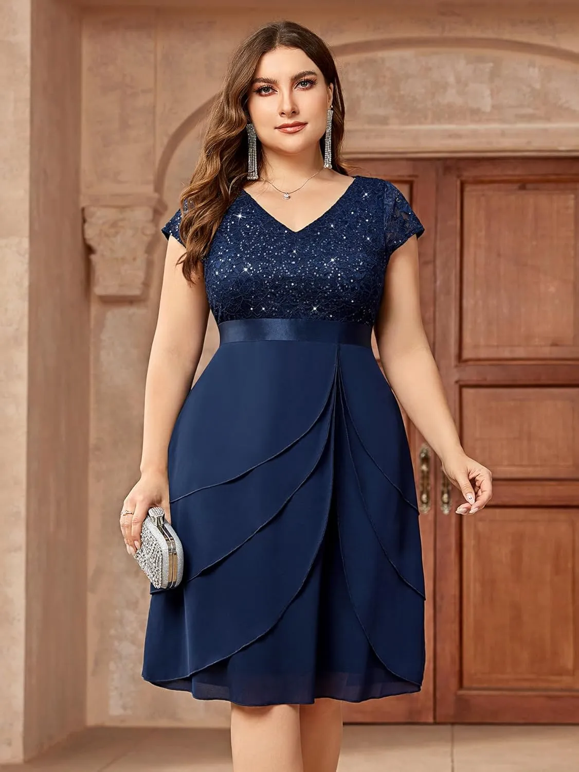 Miusol Women's Plus Size Sequin Lace V Neck Ruffle Tiered Chiffon Cocktail Party Dress