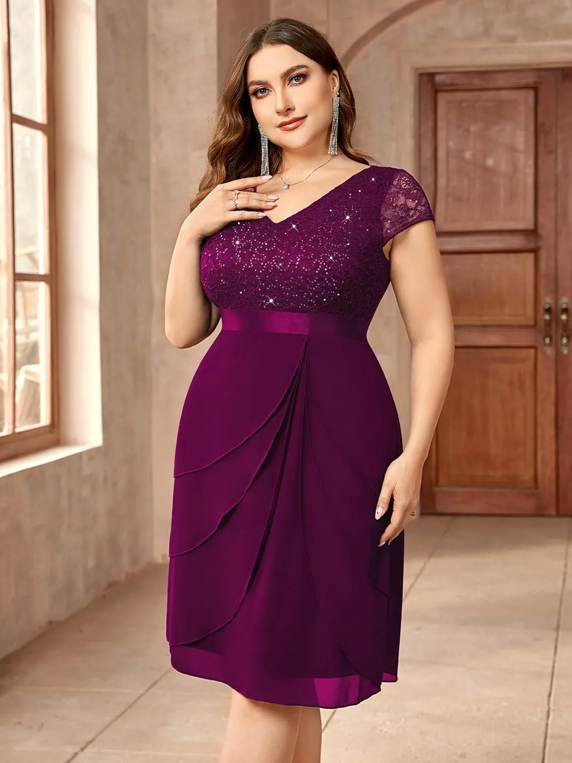 Miusol Women's Plus Size Sequin Lace V Neck Ruffle Tiered Chiffon Cocktail Party Dress