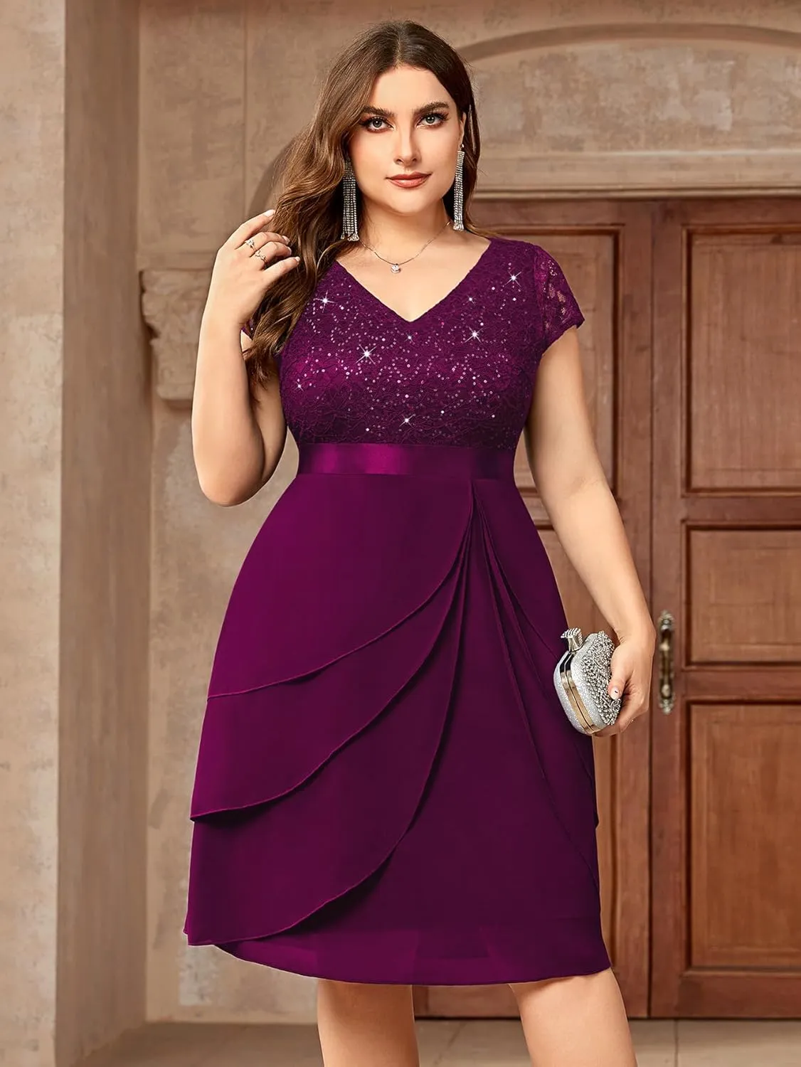 Miusol Women's Plus Size Sequin Lace V Neck Ruffle Tiered Chiffon Cocktail Party Dress
