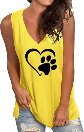 Mzkdieey Women's Dog Paw Love Heart Tank Tops Dog Lover Shirts Cute Dog Mom Tops Summer Casual Sleeveless V Neck T-Shirt