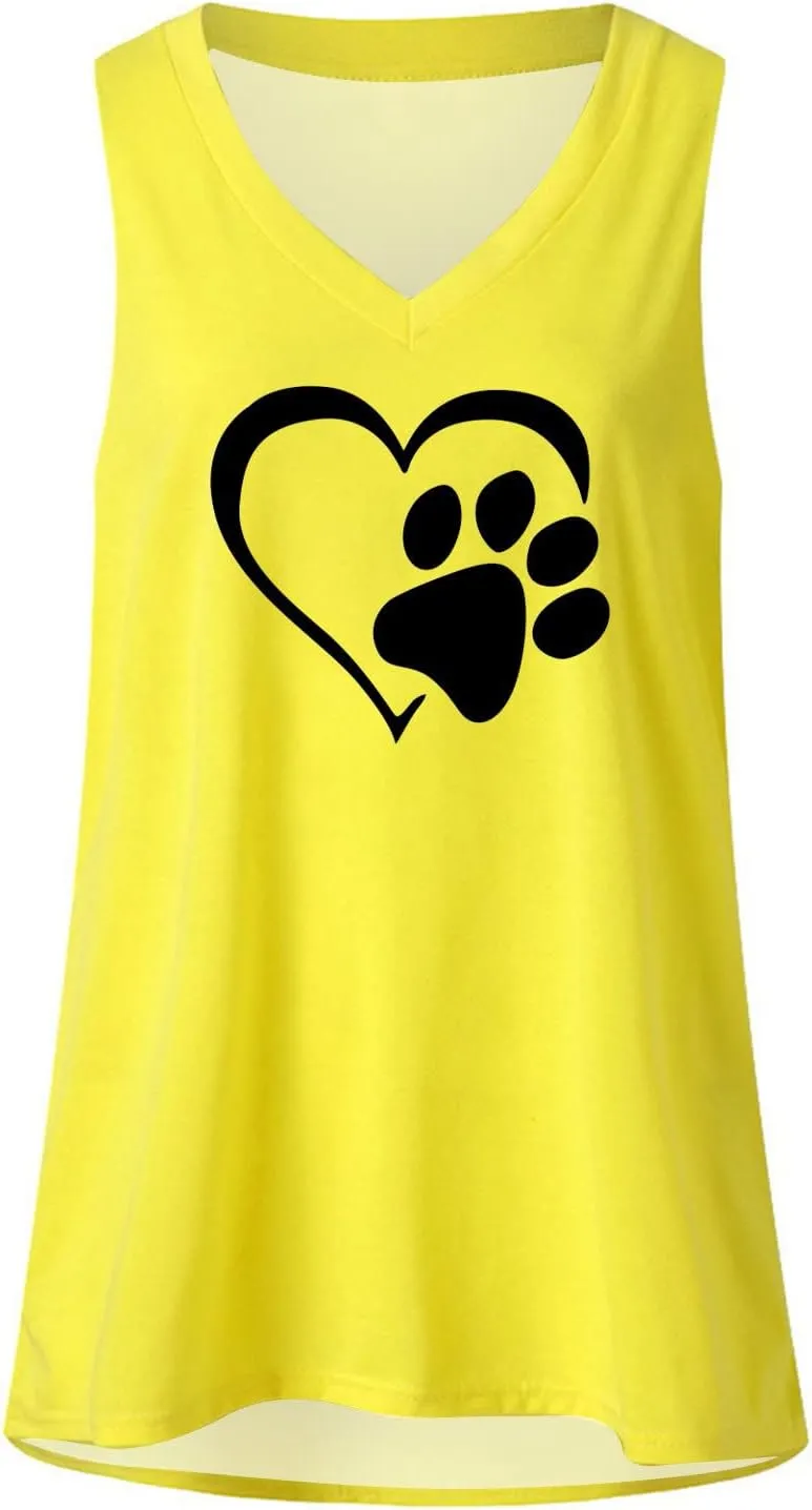 Mzkdieey Women's Dog Paw Love Heart Tank Tops Dog Lover Shirts Cute Dog Mom Tops Summer Casual Sleeveless V Neck T-Shirt