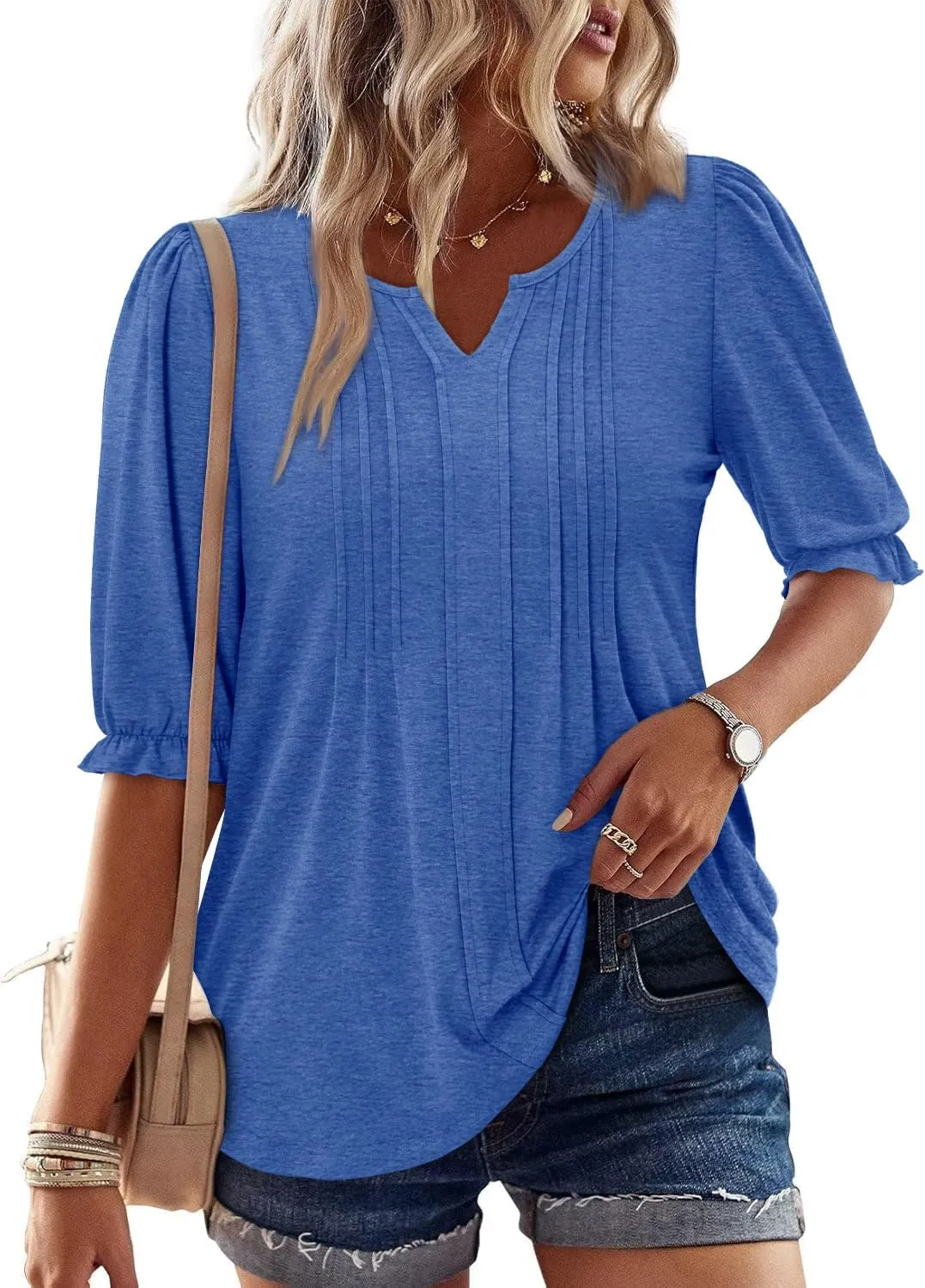 ONLYSHE Women's 3/4 Length Shirts Summer Floral Tunic Tops V Neck Shirts Loose Fit Henly Blouse for Leggings