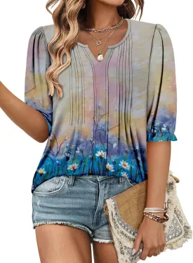 ONLYSHE Women's 3/4 Length Shirts Summer Floral Tunic Tops V Neck Shirts Loose Fit Henly Blouse for Leggings