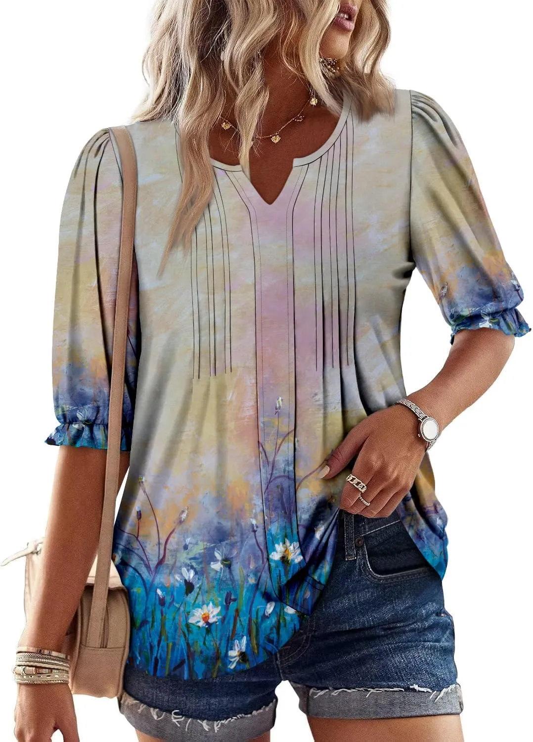 ONLYSHE Women's 3/4 Length Shirts Summer Floral Tunic Tops V Neck Shirts Loose Fit Henly Blouse for Leggings