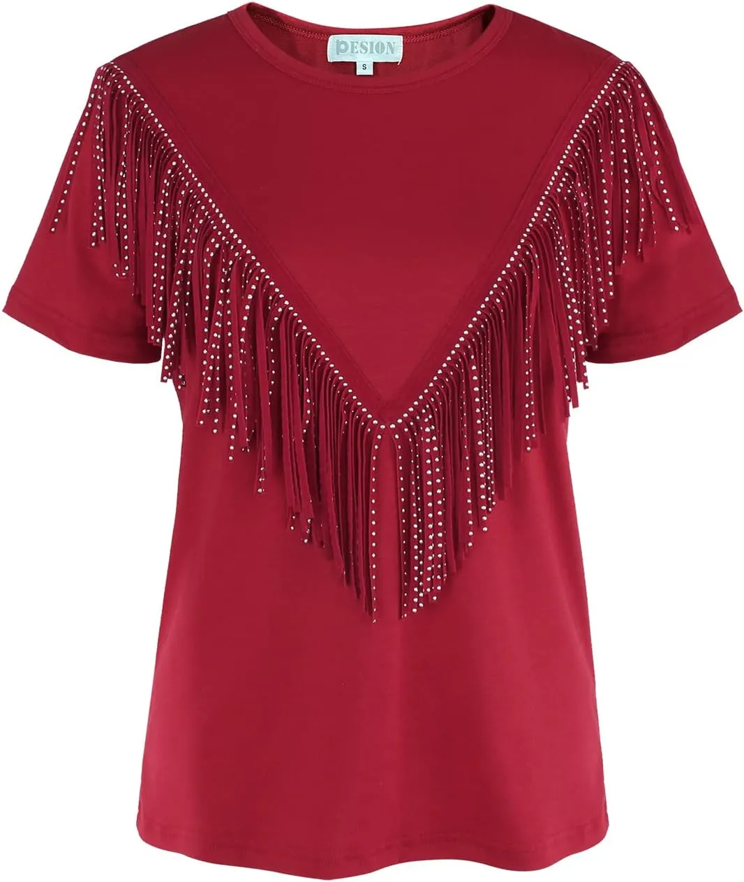 PESION Women's Fringe Trim Shirts Short Sleeve Tassel Trim Blouse T-Shirt Tops