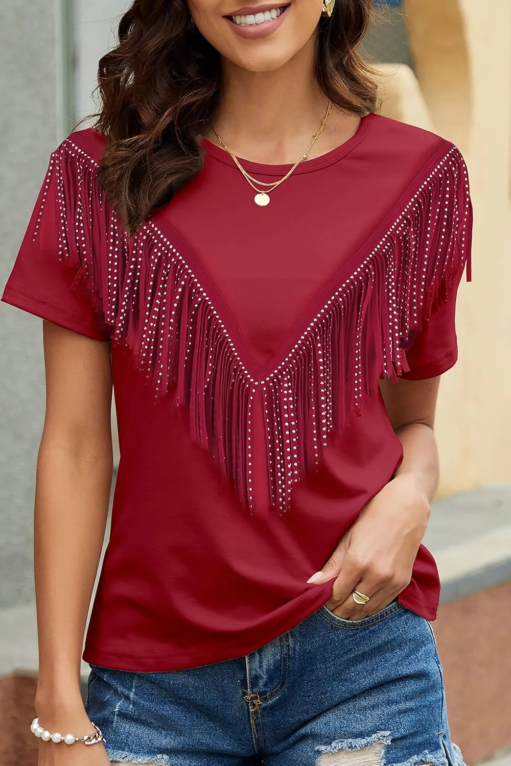PESION Women's Fringe Trim Shirts Short Sleeve Tassel Trim Blouse T-Shirt Tops