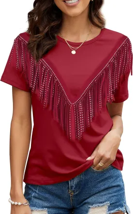 PESION Women's Fringe Trim Shirts Short Sleeve Tassel Trim Blouse T-Shirt Tops
