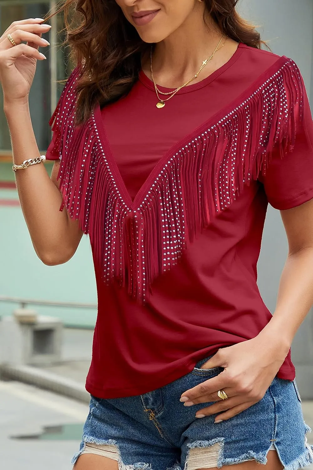 PESION Women's Fringe Trim Shirts Short Sleeve Tassel Trim Blouse T-Shirt Tops