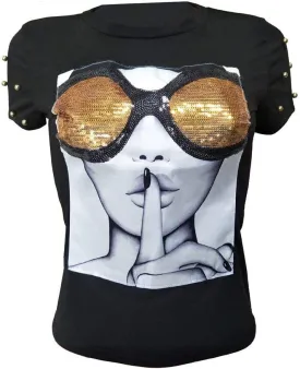 PESION Womens Short Sleeve T-Shirt Sequined Tops O-Neck Funny Graphic Tees Blouse