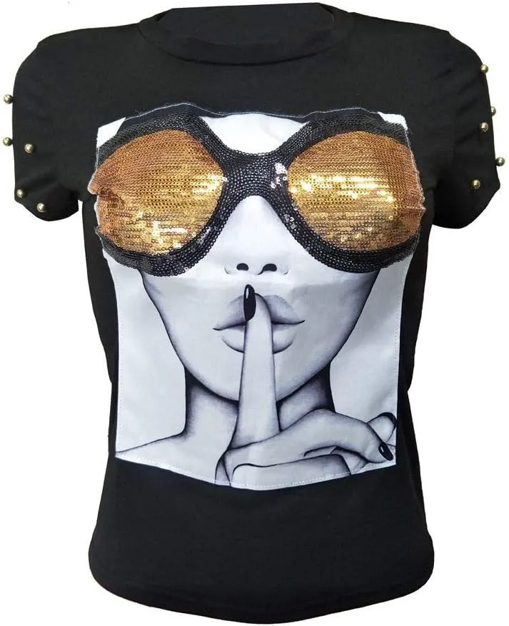 PESION Womens Short Sleeve T-Shirt Sequined Tops O-Neck Funny Graphic Tees Blouse