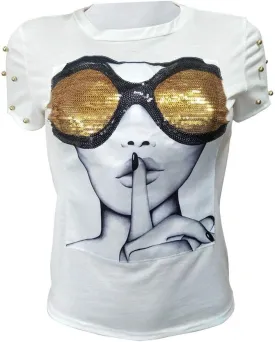 PESION Womens Short Sleeve T-Shirt Sequined Tops O-Neck Funny Graphic Tees Blouse