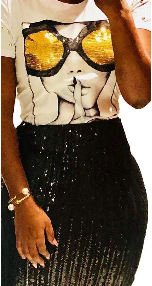 PESION Womens Short Sleeve T-Shirt Sequined Tops O-Neck Funny Graphic Tees Blouse