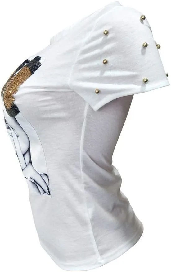 PESION Womens Short Sleeve T-Shirt Sequined Tops O-Neck Funny Graphic Tees Blouse