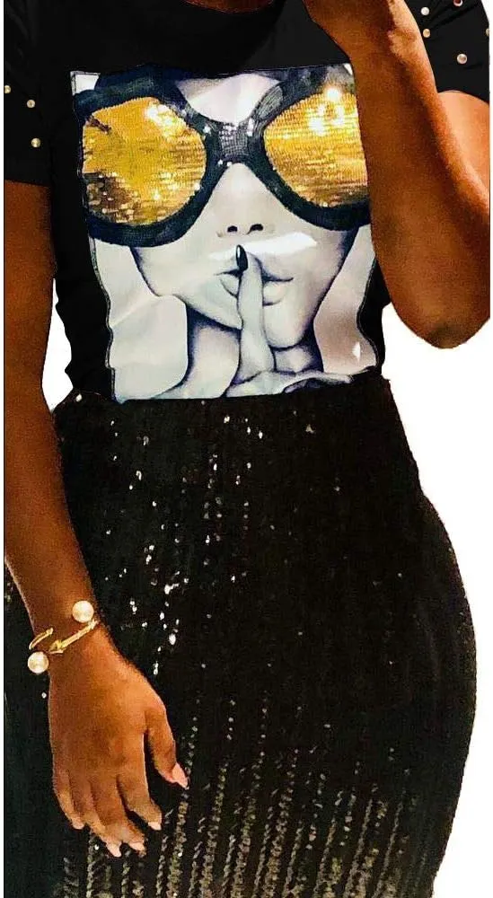 PESION Womens Short Sleeve T-Shirt Sequined Tops O-Neck Funny Graphic Tees Blouse