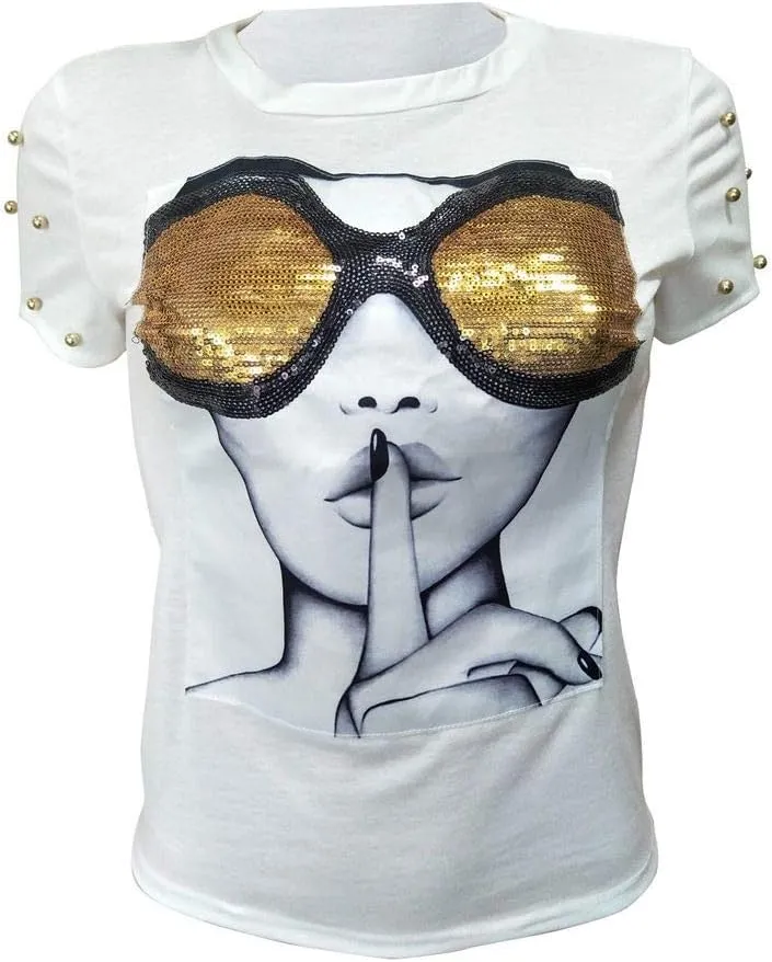 PESION Womens Short Sleeve T-Shirt Sequined Tops O-Neck Funny Graphic Tees Blouse