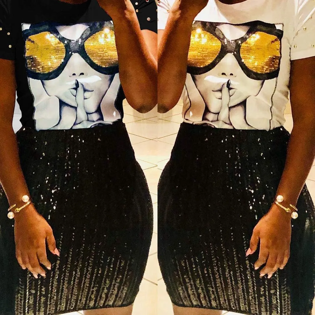 PESION Womens Short Sleeve T-Shirt Sequined Tops O-Neck Funny Graphic Tees Blouse