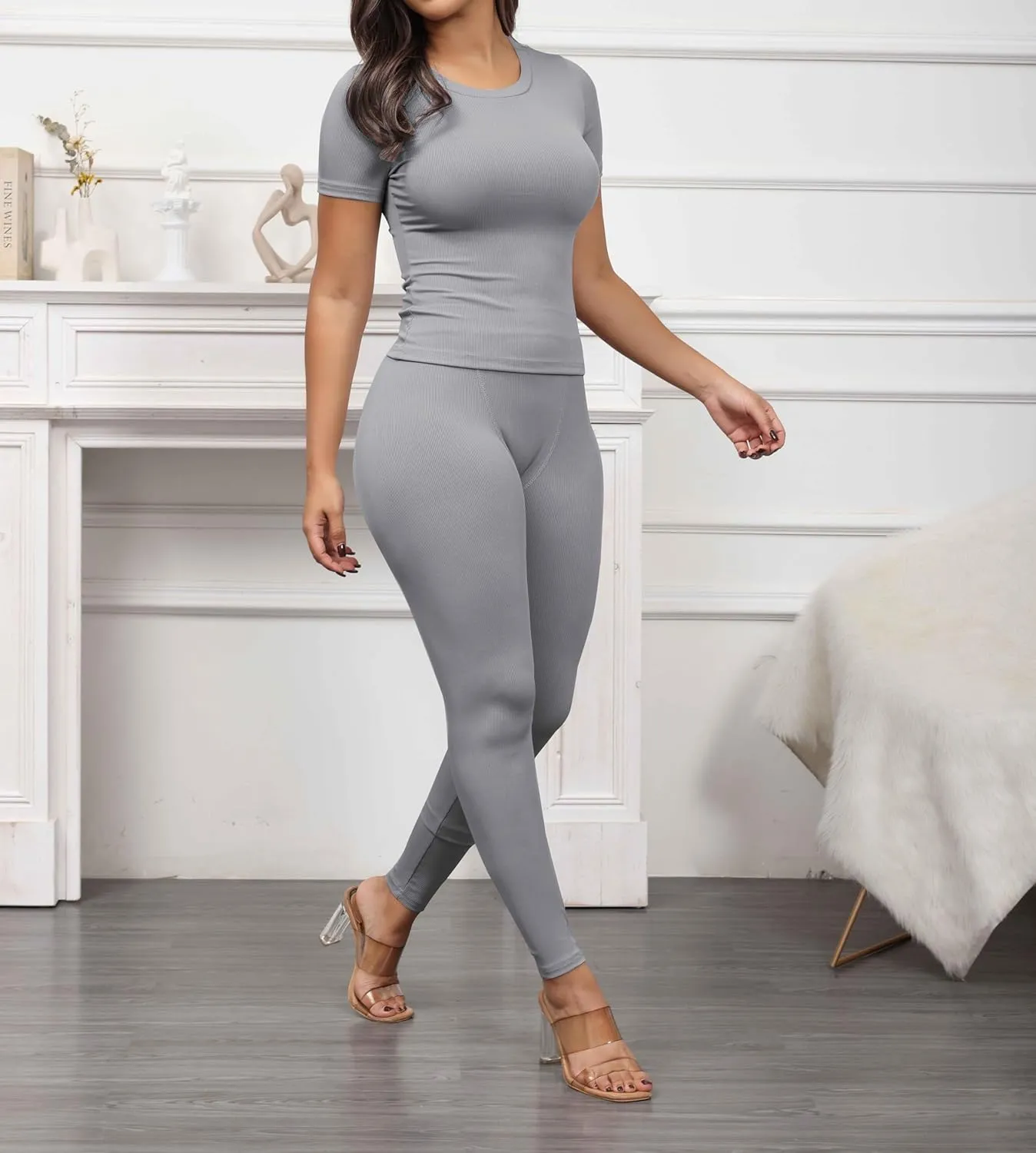 PINSV Women 2 Piece Outfits Legging Sets Fitted Crew Neck T-shirt High Waist Legging Pants Matching Sets Workout Streetwear