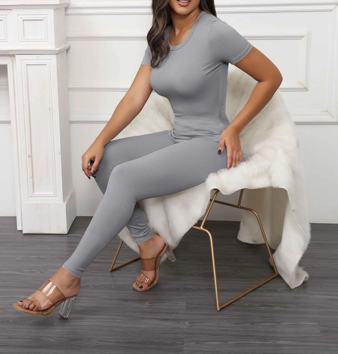 PINSV Women 2 Piece Outfits Legging Sets Fitted Crew Neck T-shirt High Waist Legging Pants Matching Sets Workout Streetwear