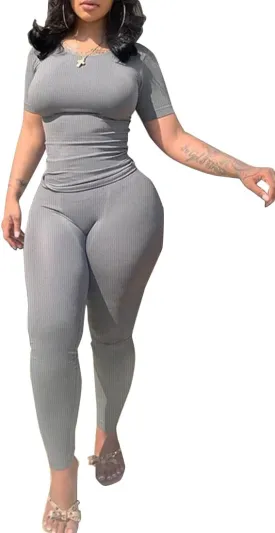 PINSV Women 2 Piece Outfits Legging Sets Fitted Crew Neck T-shirt High Waist Legging Pants Matching Sets Workout Streetwear