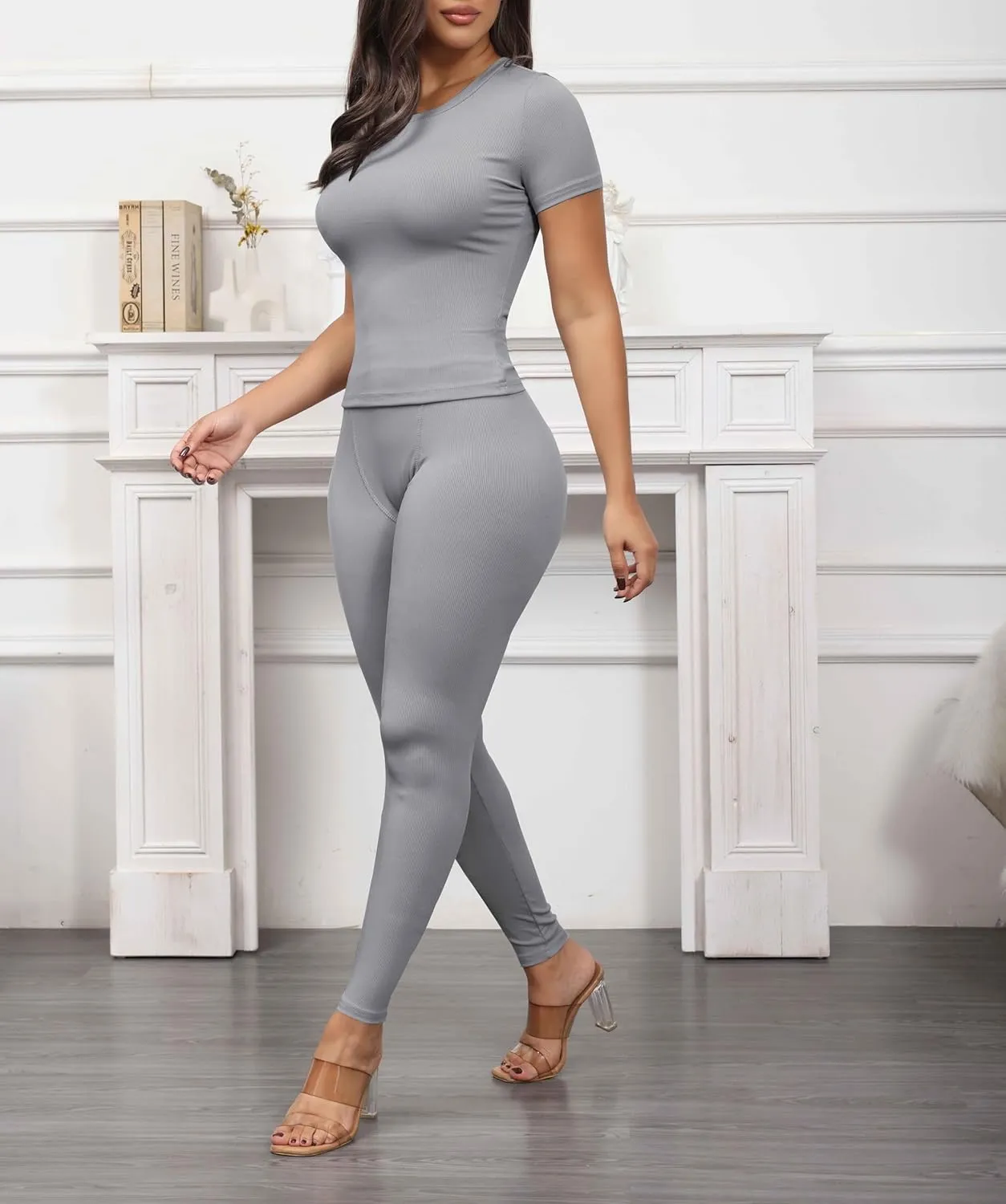 PINSV Women 2 Piece Outfits Legging Sets Fitted Crew Neck T-shirt High Waist Legging Pants Matching Sets Workout Streetwear