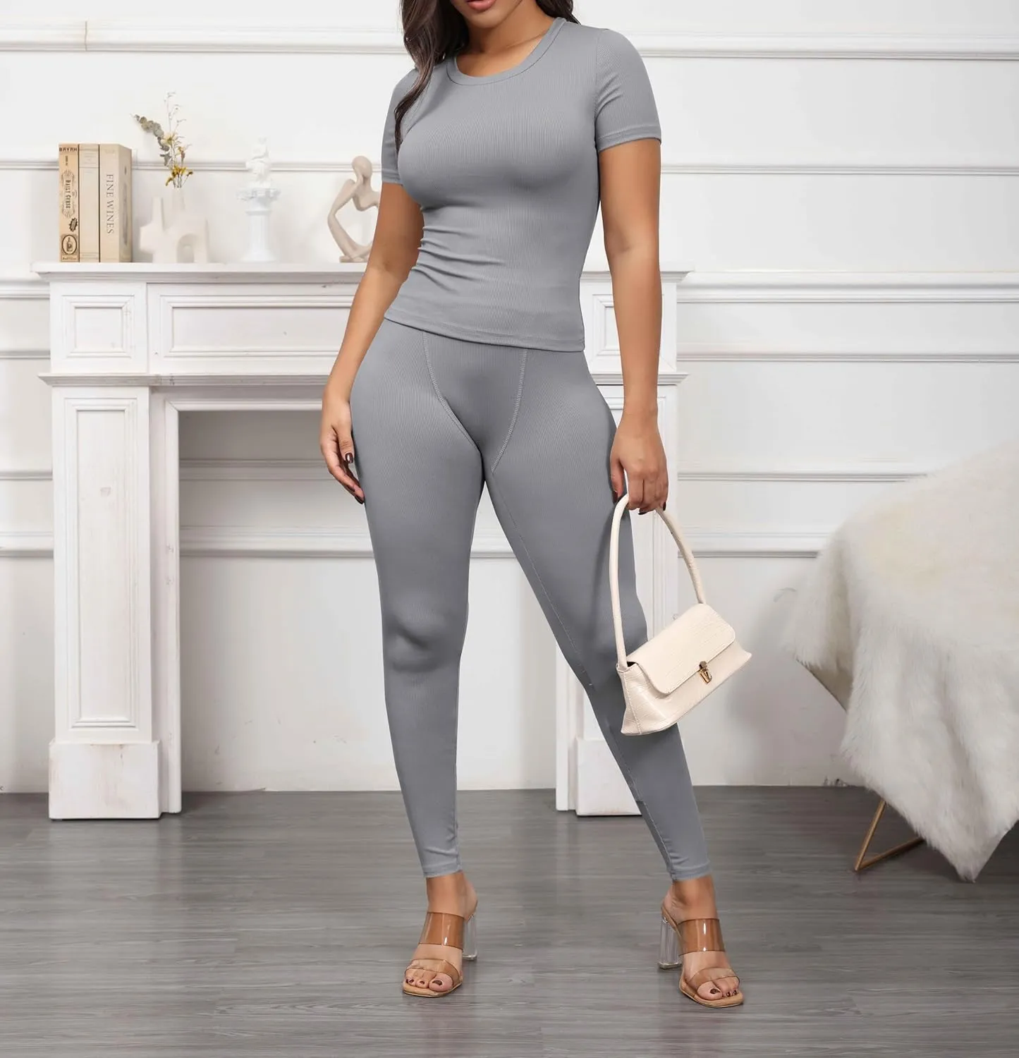 PINSV Women 2 Piece Outfits Legging Sets Fitted Crew Neck T-shirt High Waist Legging Pants Matching Sets Workout Streetwear