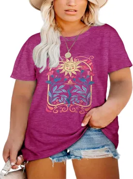 Plus Size Tops for Women Vintage Floral Graphic Tee Shirts Crewneck Short Sleeve Cozy Comfy Casual T-Shirt