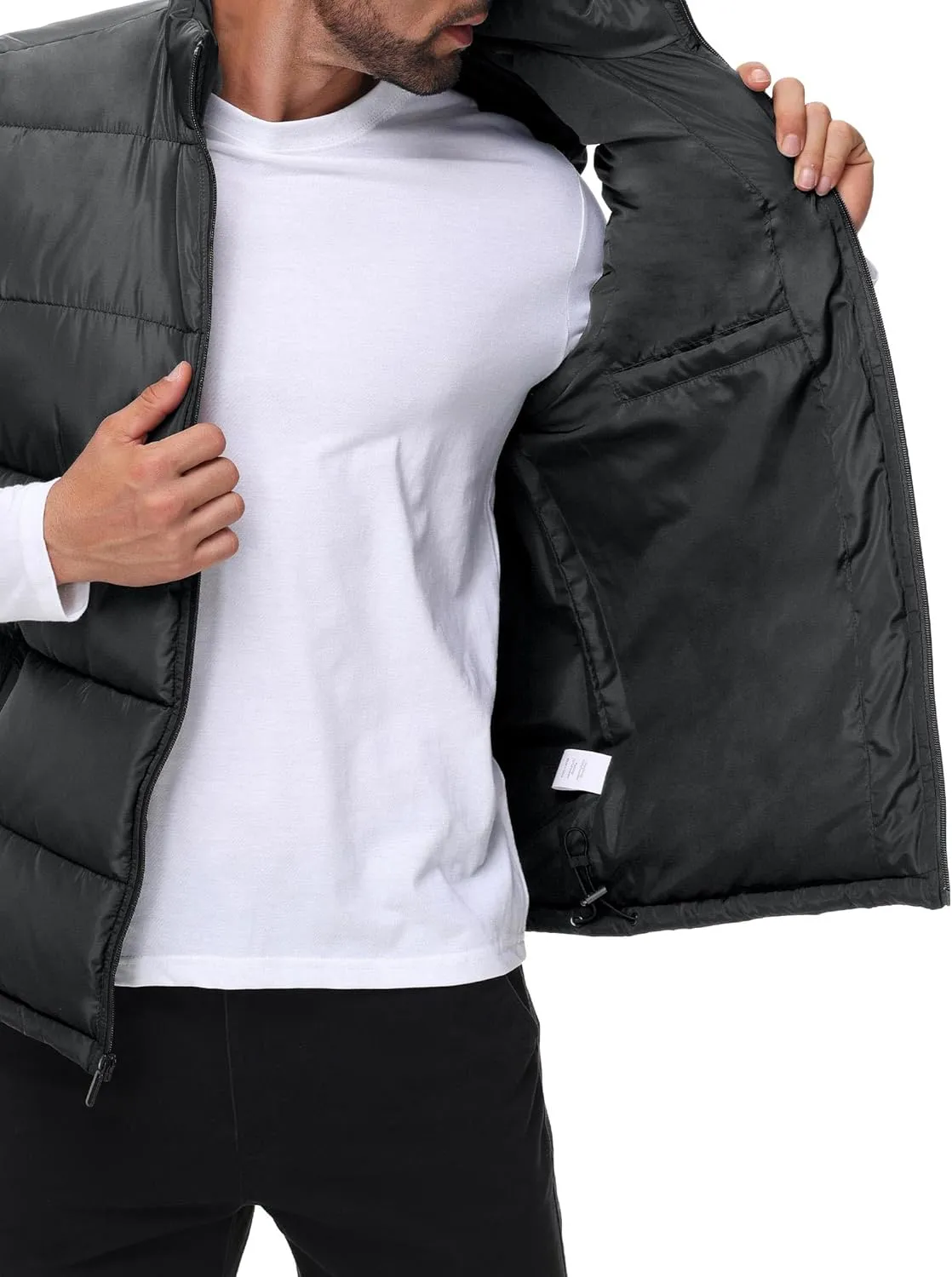 Polu Men's Water-Resistant Puffer Vest Sleeveless Jacket Stand Collar Zipper Winter Warm Outerwear with 3 Pockets