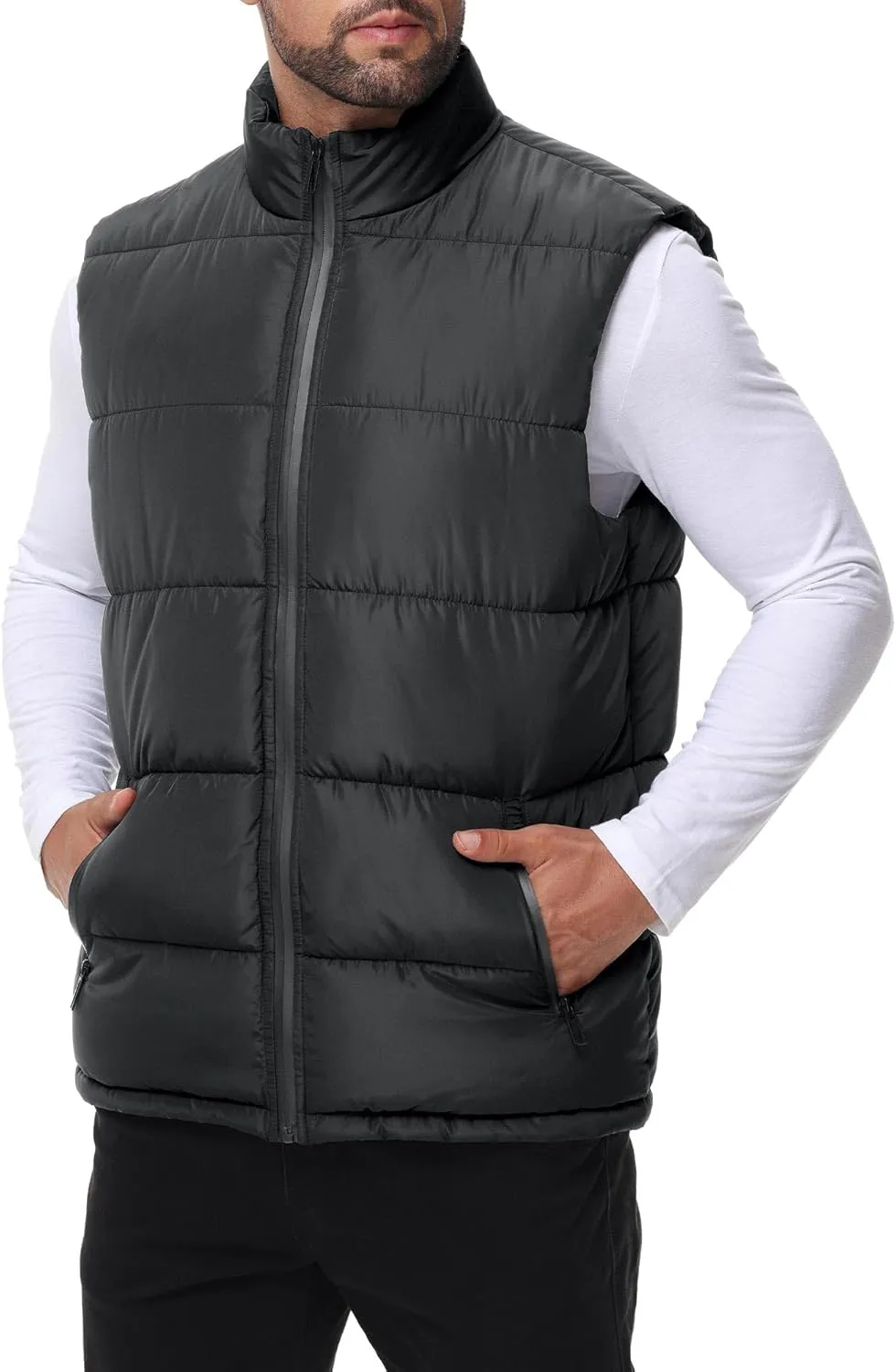 Polu Men's Water-Resistant Puffer Vest Sleeveless Jacket Stand Collar Zipper Winter Warm Outerwear with 3 Pockets