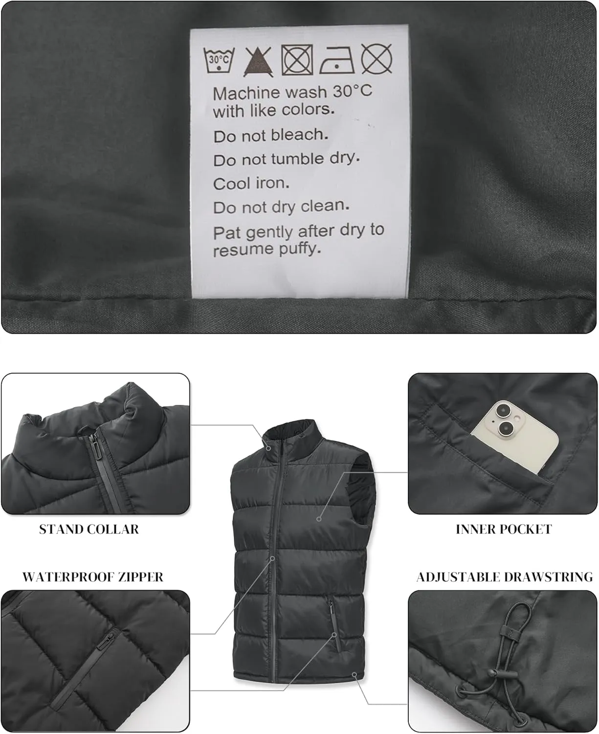 Polu Men's Water-Resistant Puffer Vest Sleeveless Jacket Stand Collar Zipper Winter Warm Outerwear with 3 Pockets