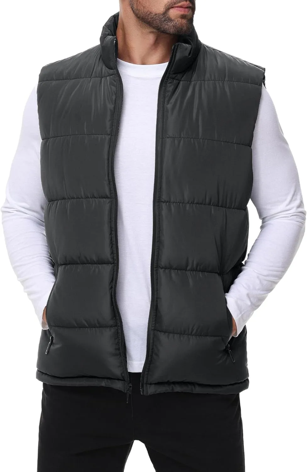 Polu Men's Water-Resistant Puffer Vest Sleeveless Jacket Stand Collar Zipper Winter Warm Outerwear with 3 Pockets
