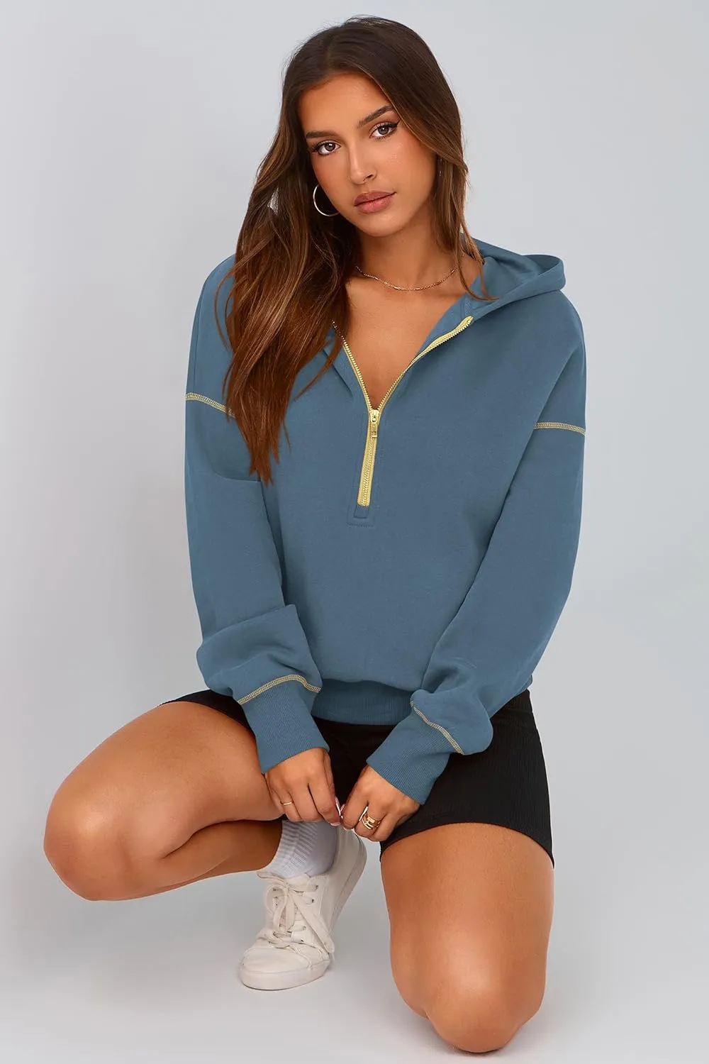 PRETTYGARDEN Women's Hooded Sweatshirts Long Sleeve Half Zip Cropped Hoodie Pullover Winter Fashion Clothes