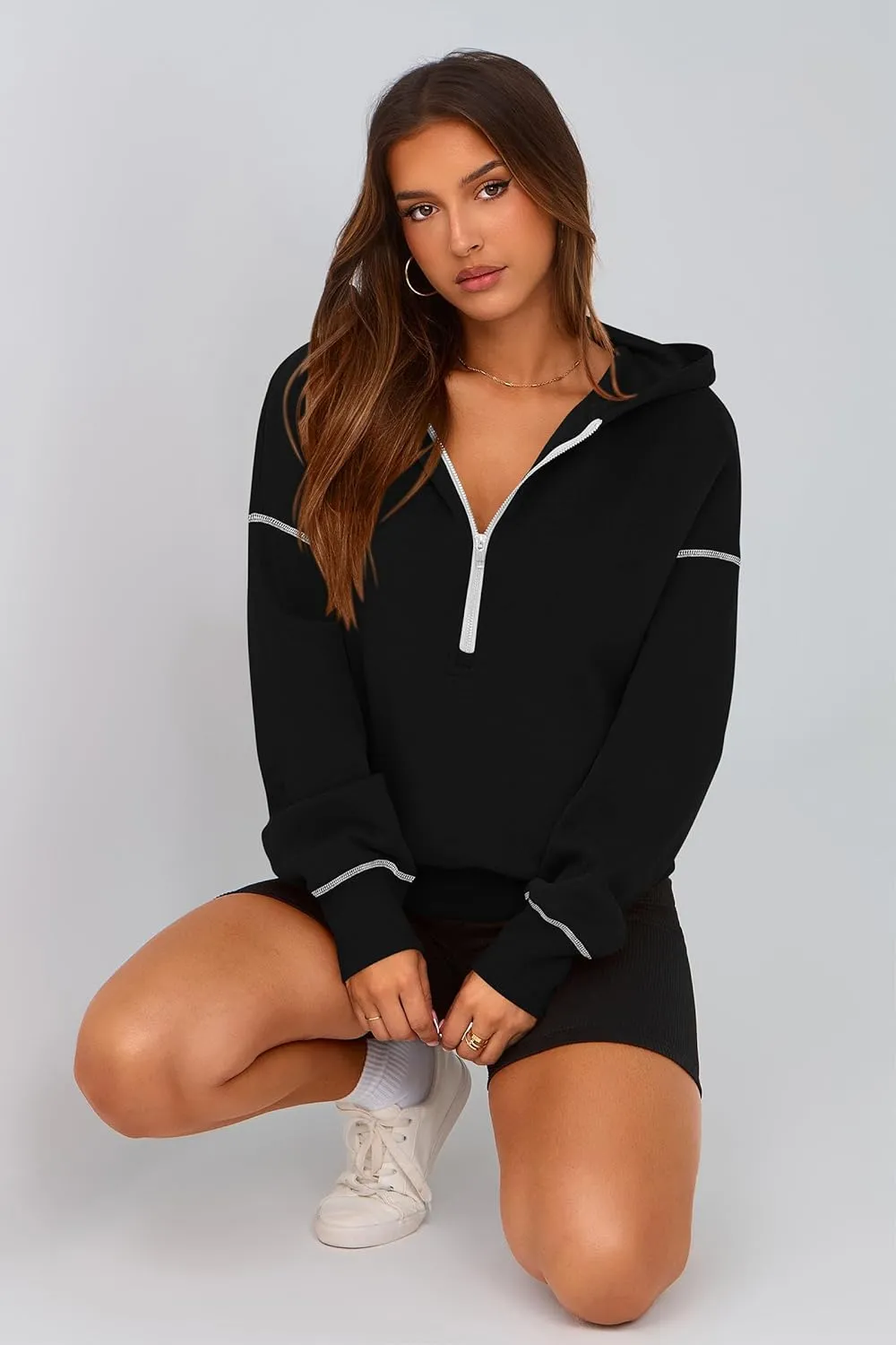 PRETTYGARDEN Women's Hooded Sweatshirts Long Sleeve Half Zip Cropped Hoodie Pullover Winter Fashion Clothes