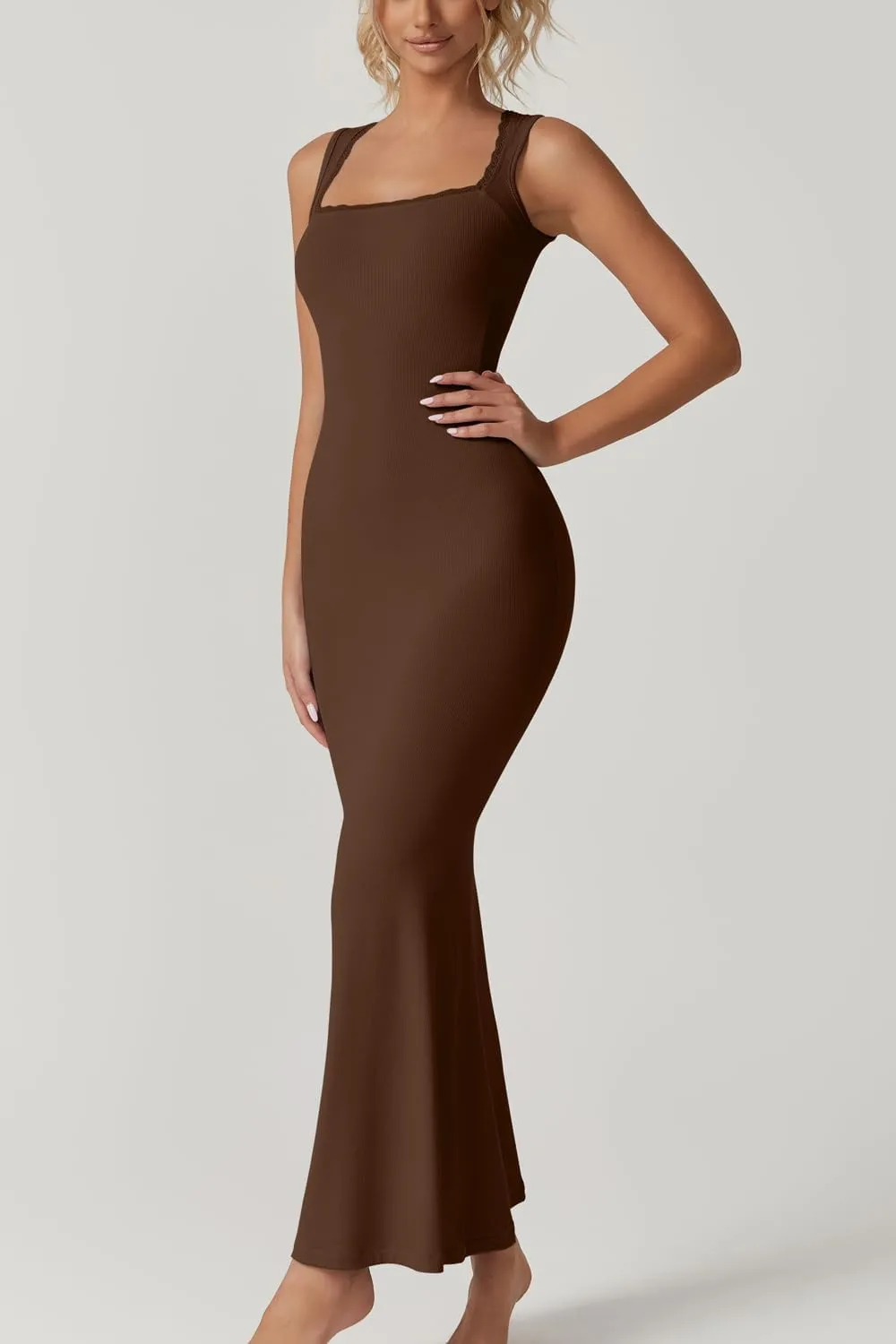 QINSEN Women's Square Neck with Lace Detail Long Maxi Dress Sleeveless Lounge Ribbed Full Length Dresses