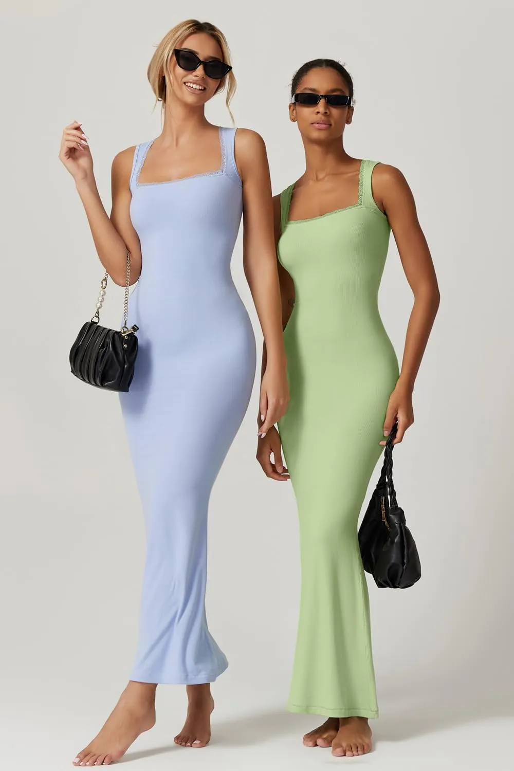 QINSEN Women's Square Neck with Lace Detail Long Maxi Dress Sleeveless Lounge Ribbed Full Length Dresses