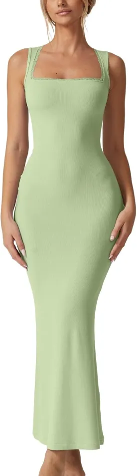 QINSEN Women's Square Neck with Lace Detail Long Maxi Dress Sleeveless Lounge Ribbed Full Length Dresses