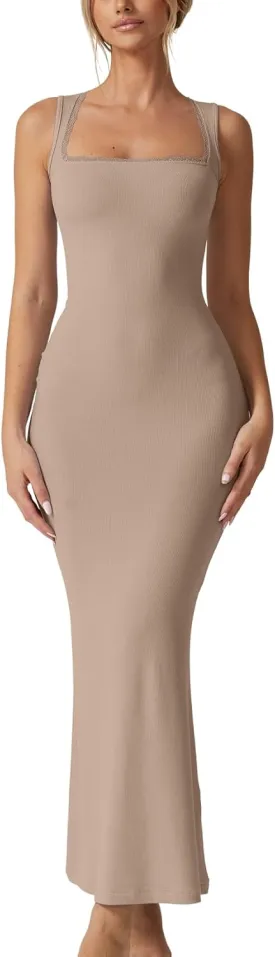 QINSEN Women's Square Neck with Lace Detail Long Maxi Dress Sleeveless Lounge Ribbed Full Length Dresses