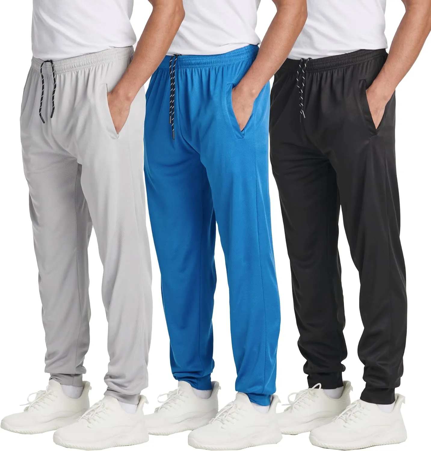 Real Essentials 3 Pack: Men's Tech Mesh Active Athletic Casual Jogger Sweatpants with Pockets(Available in Big & Tall)