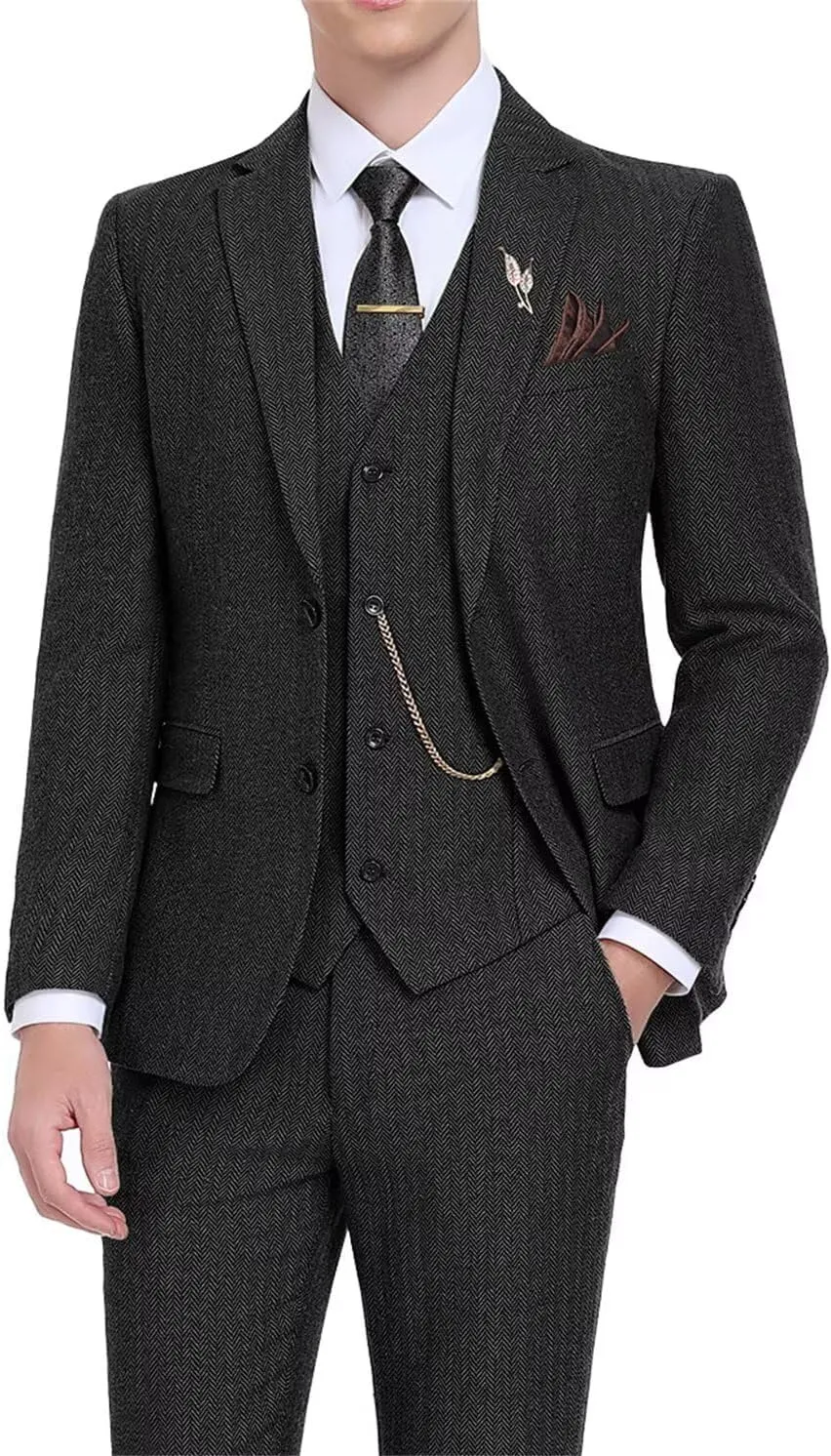 Retro Tweed Men's Suit 3 Piece Slim Fit Herringbone Suits Groom Tuxedos Set Wedding Prom Blazer Jacket Vest Pants for Men