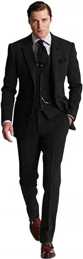Retro Tweed Men's Suit 3 Piece Slim Fit Herringbone Suits Groom Tuxedos Set Wedding Prom Blazer Jacket Vest Pants for Men