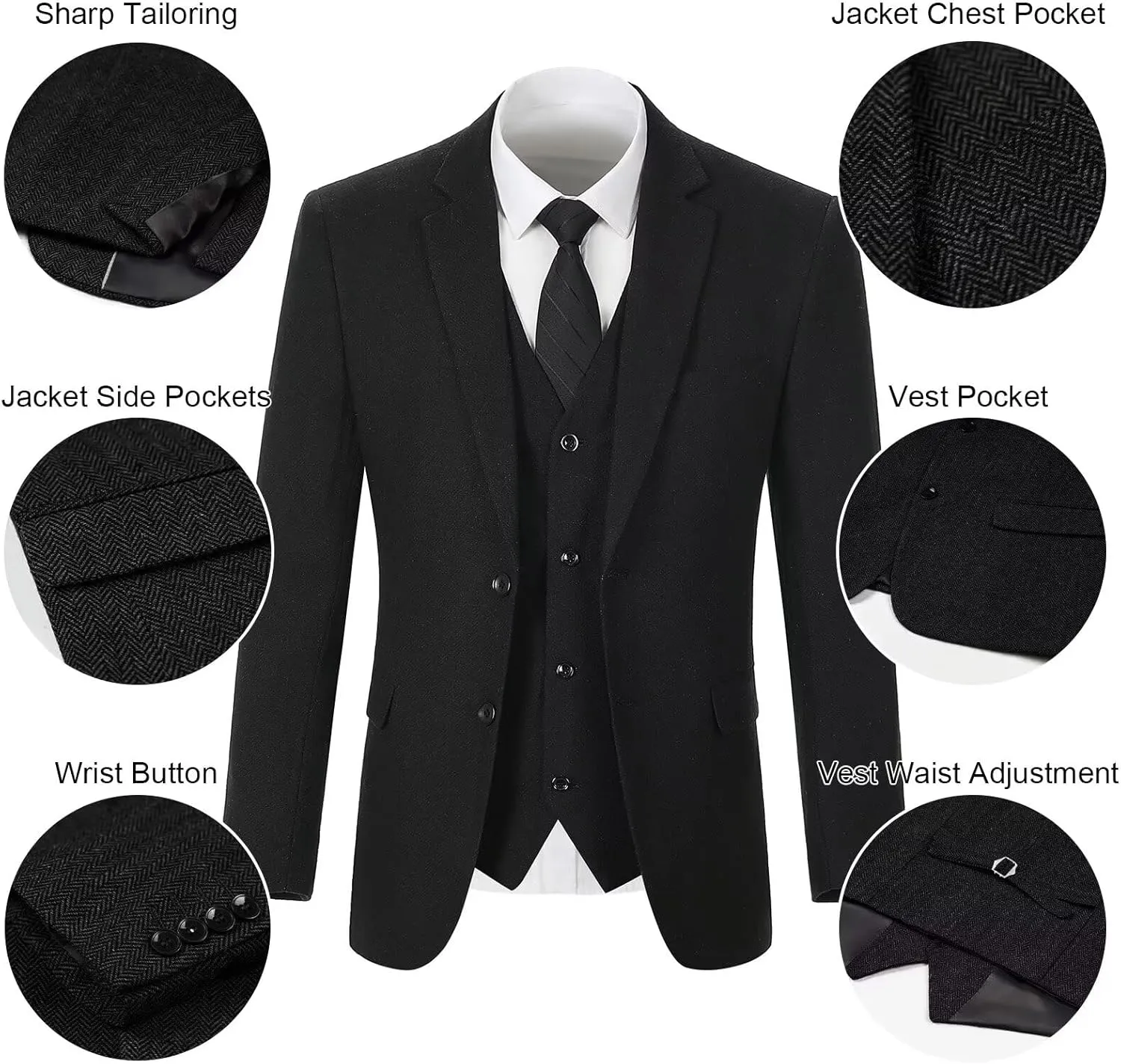 Retro Tweed Men's Suit 3 Piece Slim Fit Herringbone Suits Groom Tuxedos Set Wedding Prom Blazer Jacket Vest Pants for Men