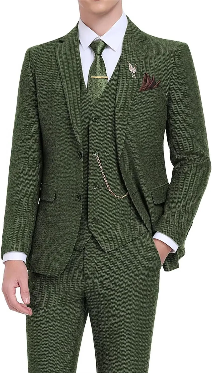 Retro Tweed Men's Suit 3 Piece Slim Fit Herringbone Suits Groom Tuxedos Set Wedding Prom Blazer Jacket Vest Pants for Men