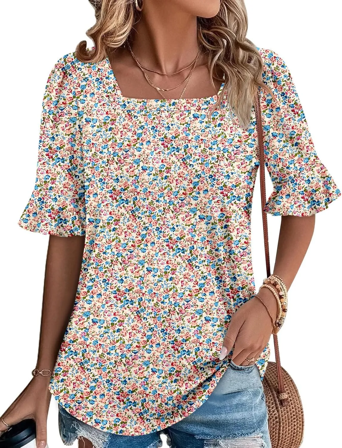 ROSELINLIN Half Sleeve Top for Women Summer Dressy Casual Tunic Top