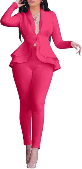 Salimdy Sexy 2 Piece Outfits for Women Long Sleeve Solid Blazer with Pants Casual Elegant Business Suit Sets